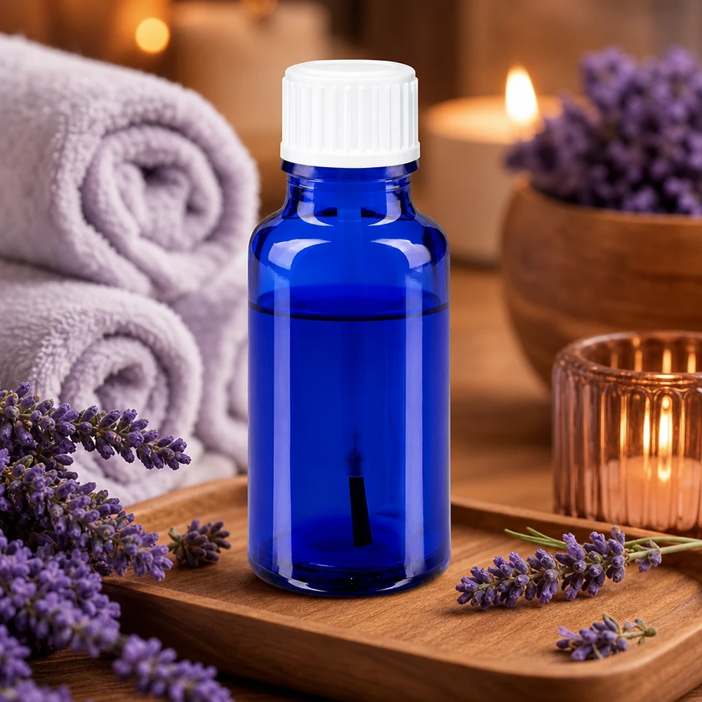 Flacon de pharmacie bleu cobalt de 20 ml, posé entre des fleurs de lavande fraîches et des bougies