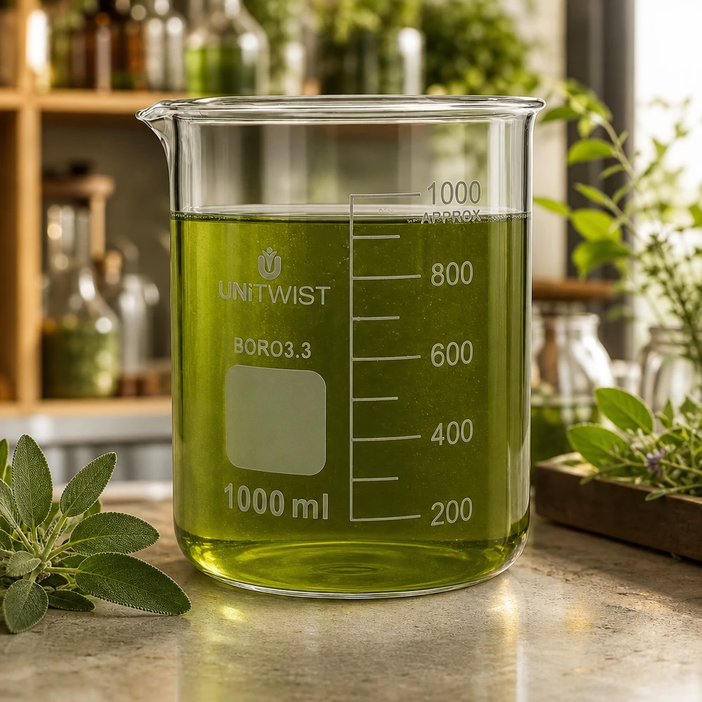 Bécher en borosilicate de 1 000 ml, de forme basse, contenant une teinture d'herbes verte, posé sur un plan de travail en marbre