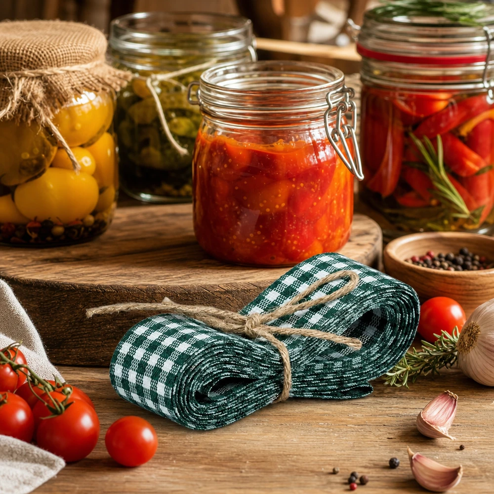 Ruban décoratif vert et blanc 300cm dans une cuisine rustique avec des bocaux et des tomates fraîches comme inspiration de décoration