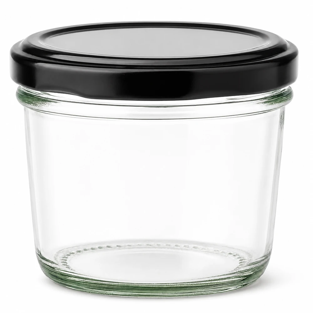 Pot renversé de 230 ml avec couvercle BasicSeal noir en verre transparent pour confitures et conserves