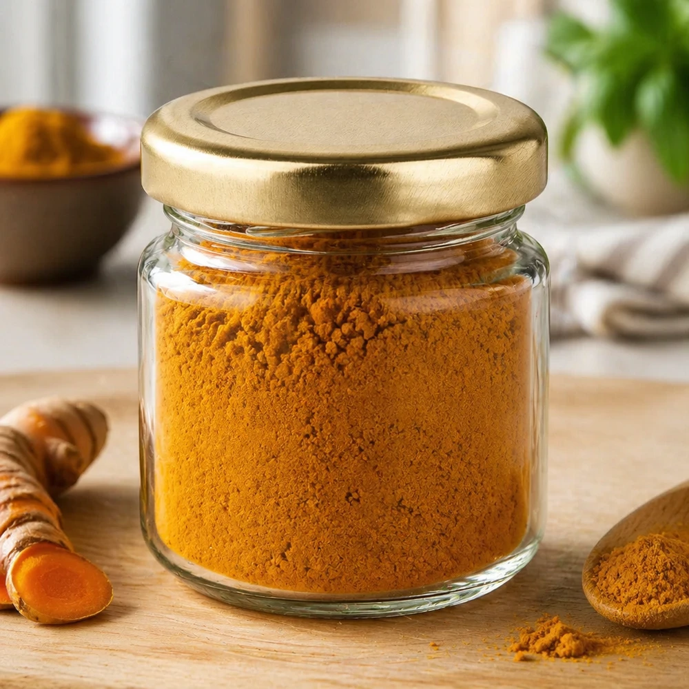 53ml pot rond UNiTWIST rempli de poudre de curcuma montre utilisation comme pot à épices avec couvercle doré