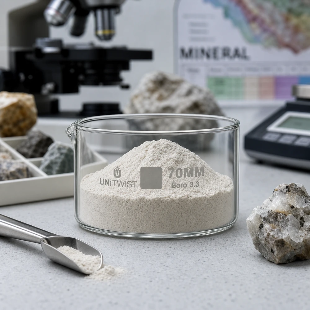 Bol de cristallisation UNiTWIST, ø 70 mm, en verre borosilicaté, avec de la poudre de roche fine et des échantillons minéraux