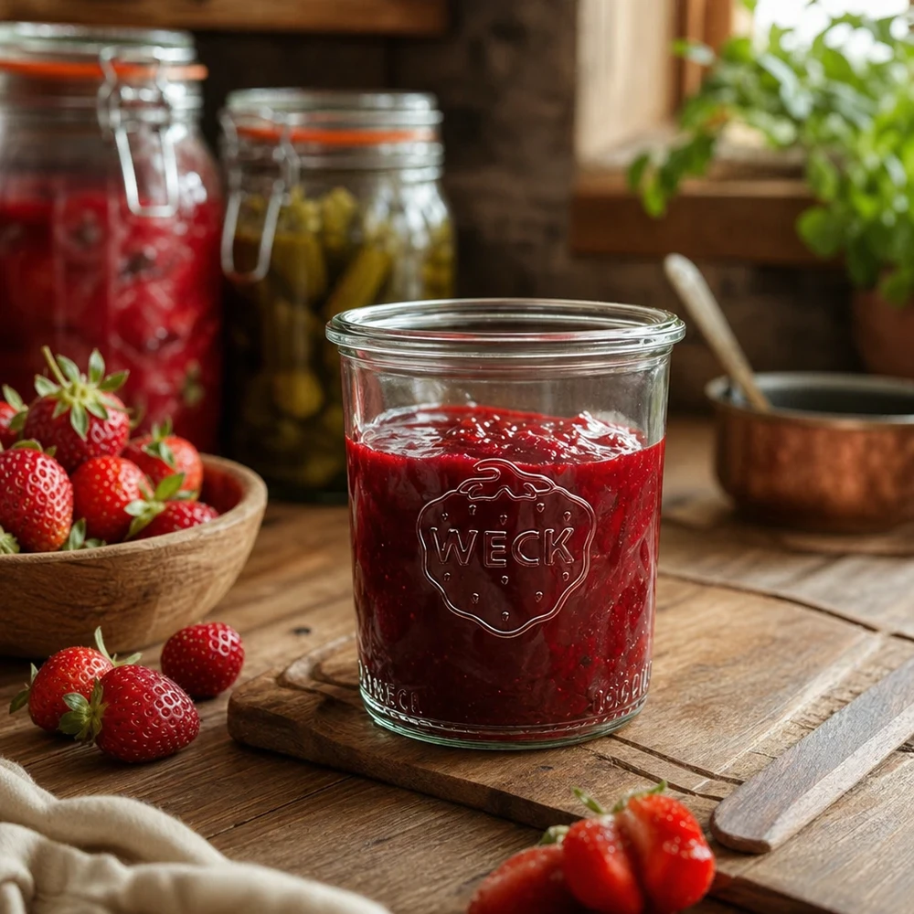 160ml bocal conique WECK RR60 WECK Pot renversé 160ml RR60 rempli de confiture de fraises sur table en bois avec fraises fraîches et bocaux de conservation