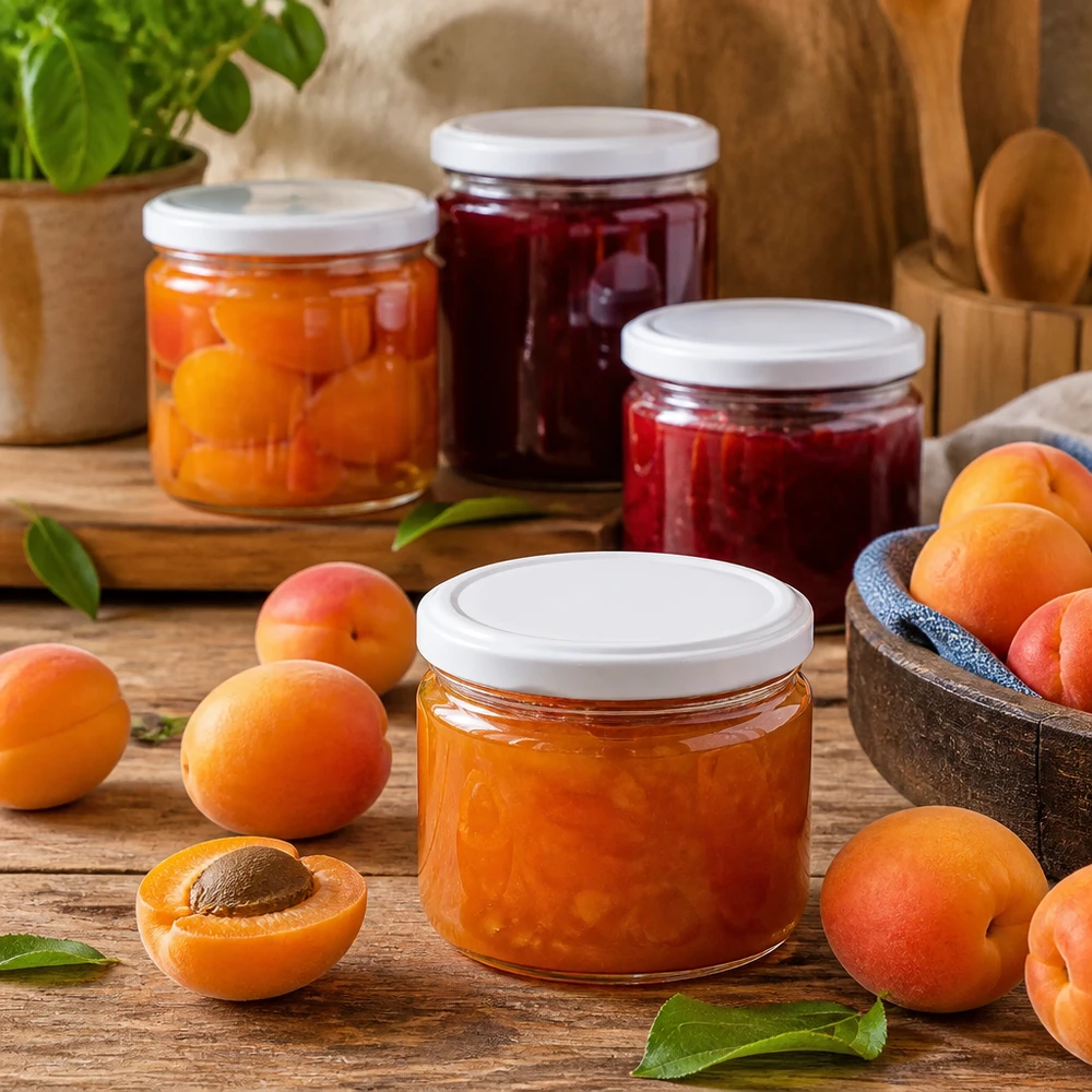 540ml Verre rond avec couvercle BasicSeal blanc UNiTWIST Pot rond BasicSeal blanc de 540ml rempli de confiture d'abricots - pratique pour les confitures et les conserves