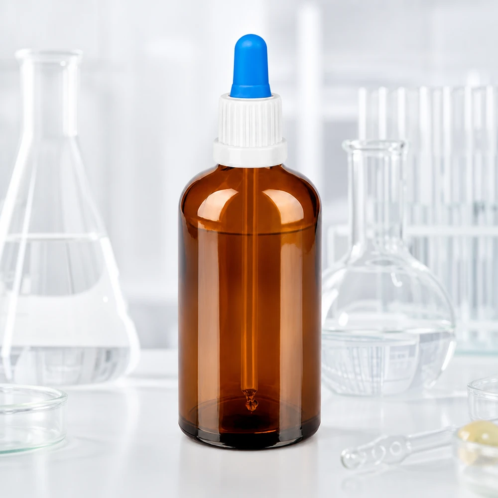Flacon pipette 100ml blanc/bleu OV BrownLine UT18/100 Flacon compte-gouttes professionnel 100ml en verre teinté avec bouchon fileté blanc pour la pharmacie