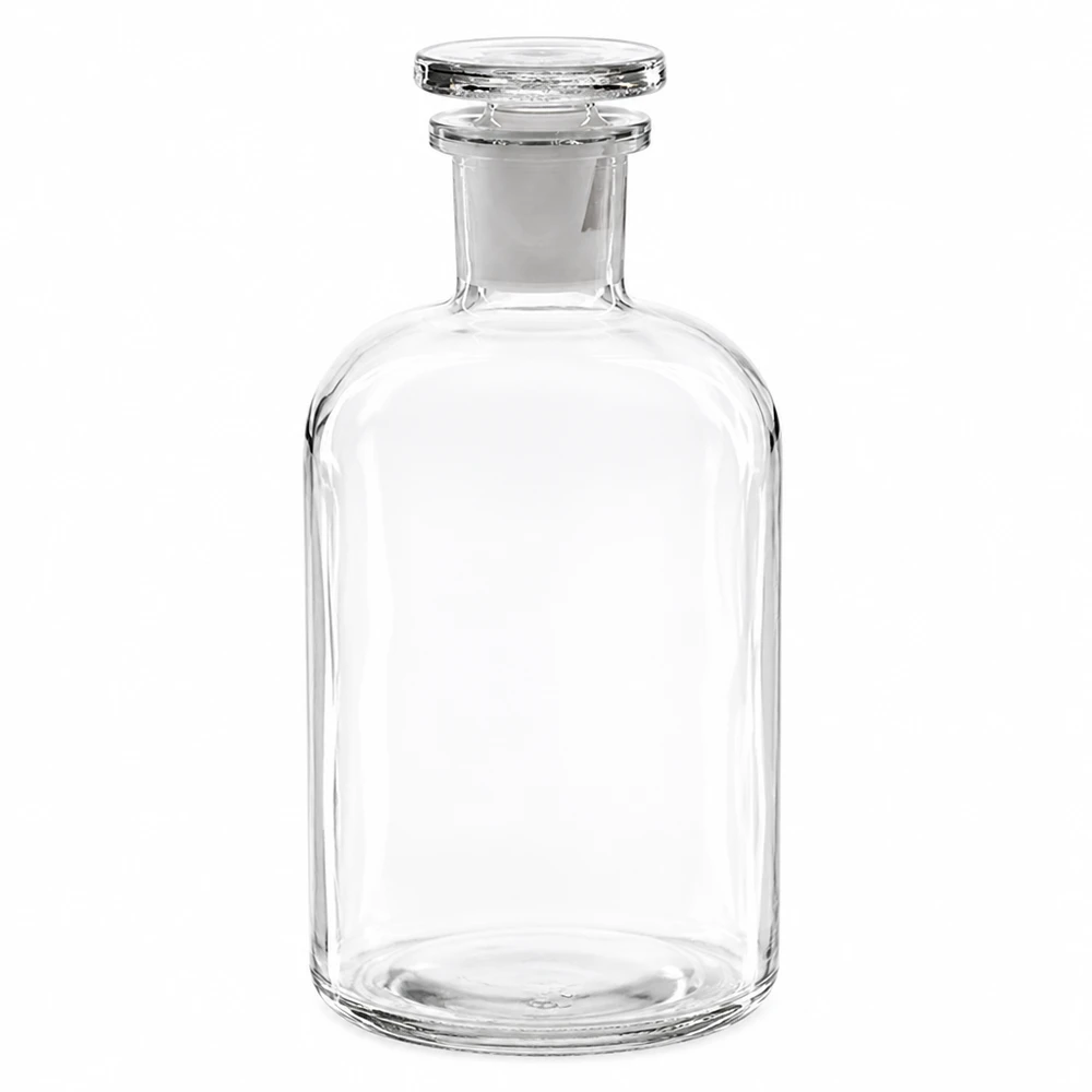 Flacon pharmaceutique 500 ml col étroit en verre clair + bouchon Flacon de laboratoire transparent de 500 ml avec bouchon en verre, de forme cylindrique à épaulement arrondi