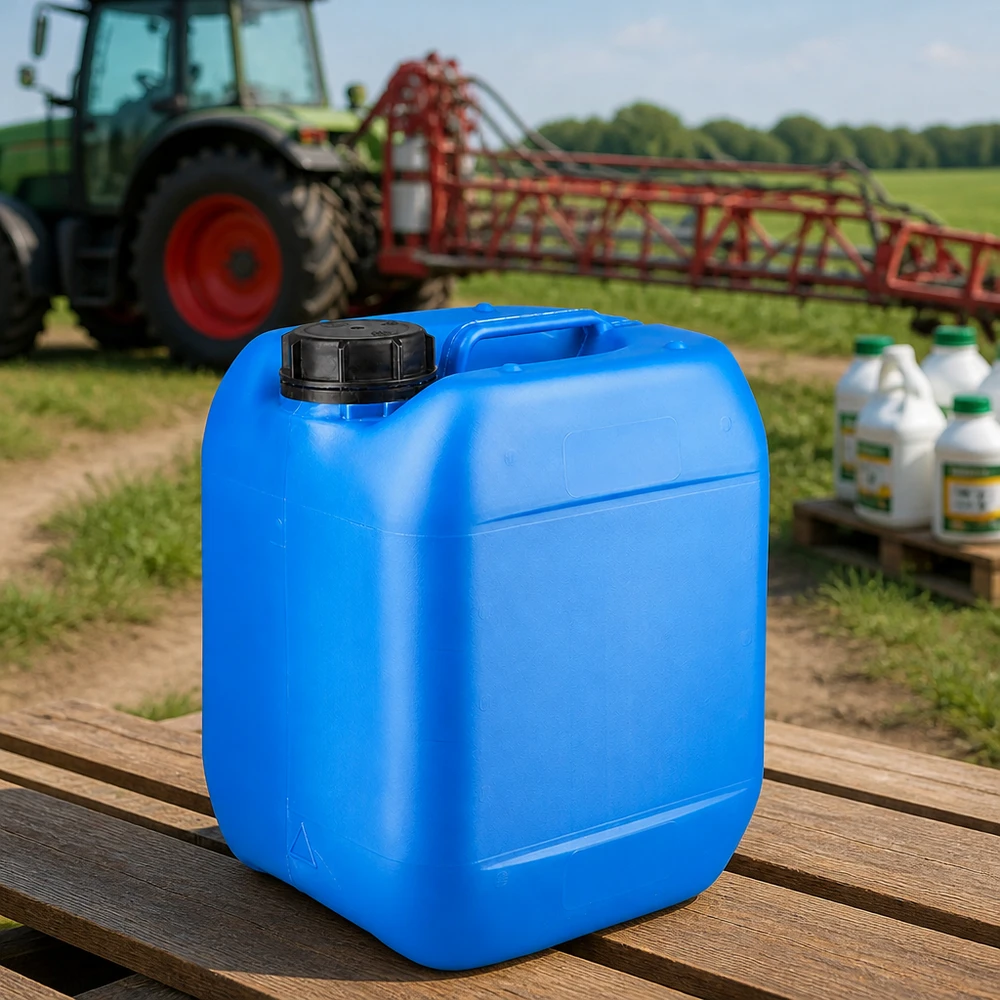 Bidon 5 litres bleu avec bouchon à vis OV Bidon agricole de 5 L, bleu, avec un bouchon à vis noir et un tracteur en arrière-plan