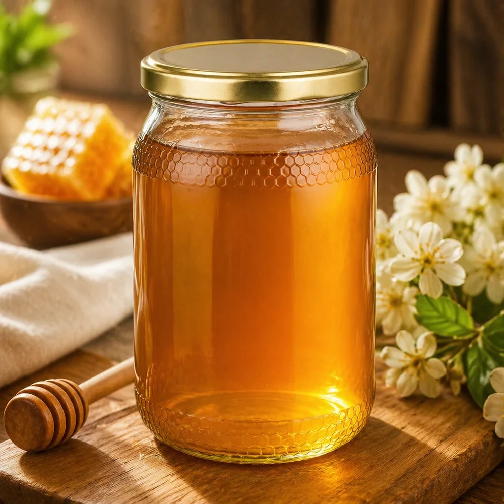 Pot de 900 ml rempli de miel avec couvercle doré UNiTWIST dans une ambiance naturelle avec des fleurs et des rayons de miel