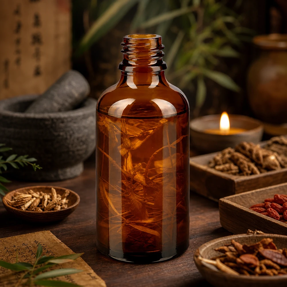 Flacon compte-gouttes pharmaceutique 50 ml DIN18 - verre brun Bouteille de pharmacie ApoGlas brune de 50 ml contenant des racines séchées entourées d'herbes médicinales traditionnelles et de lumière de bougie