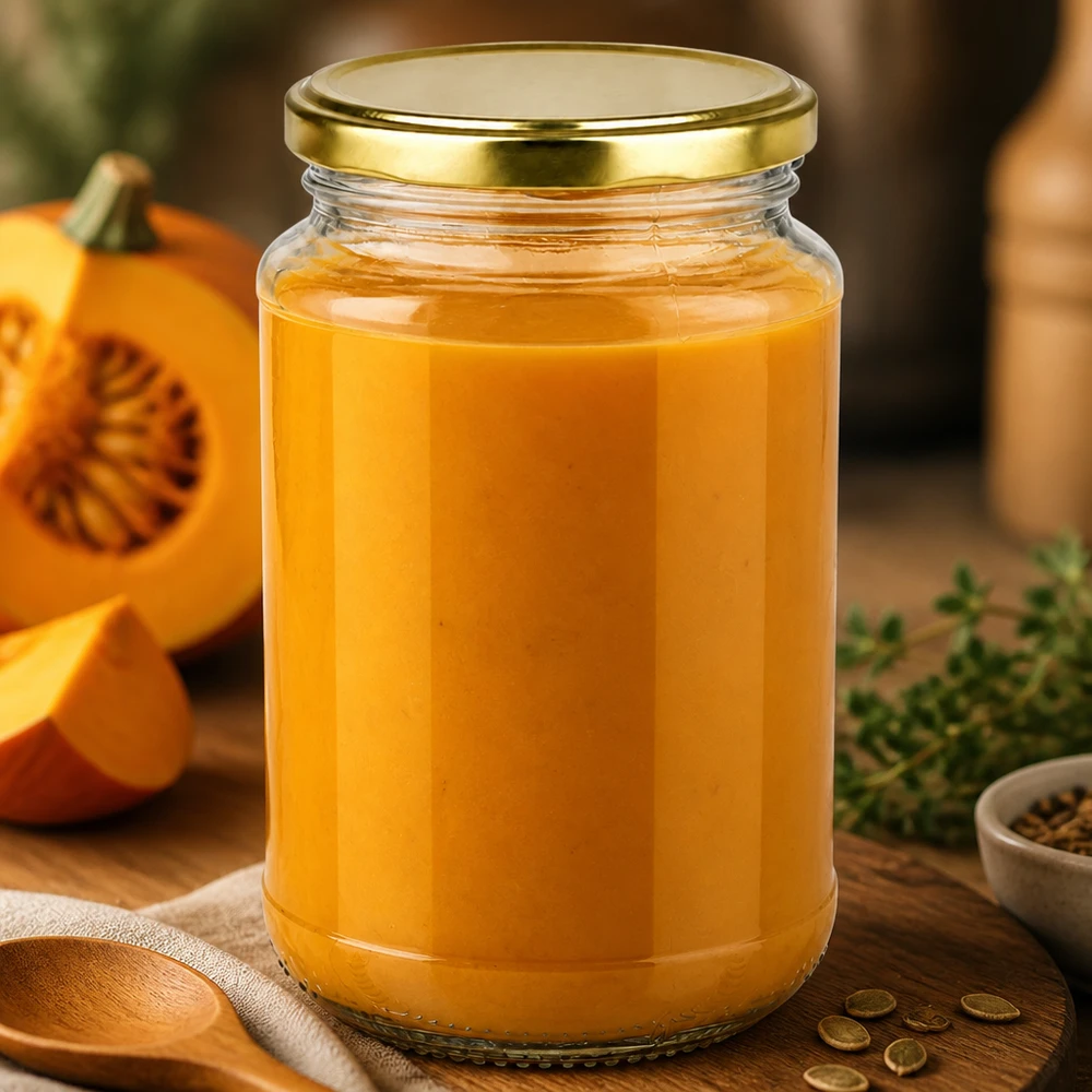 Bocal rond en verre de 320 ml + BasicSeal doré UNiTWIST Bocal rond UNiTWIST de 320 ml, fermé hermétiquement, contenant une purée de potiron à la couleur orange et des herbes aromatiques