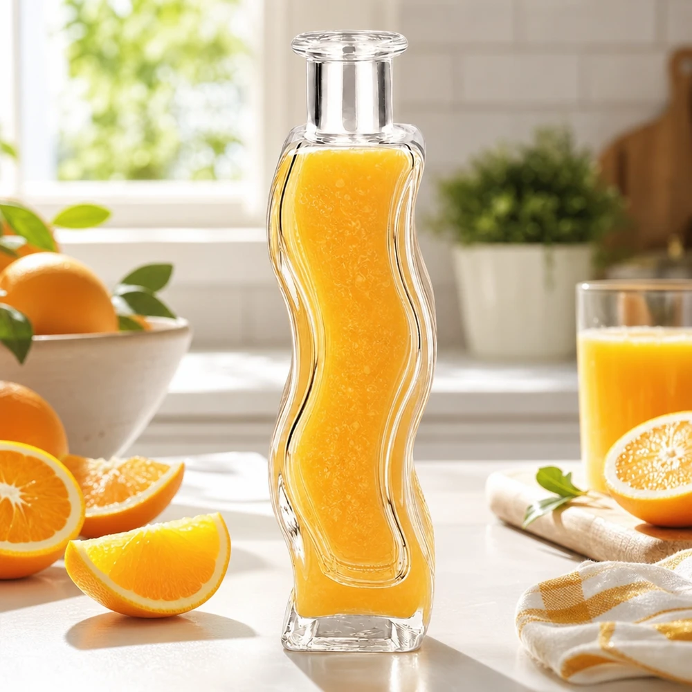 Flacon en verre « Melissa » 100 ml sans bouchon UNiTWIST® Bouteille en verre Melissa de 100 ml remplie de jus d'orange dans une cuisine lumineuse entourée d'oranges fraîches et d'agrumes