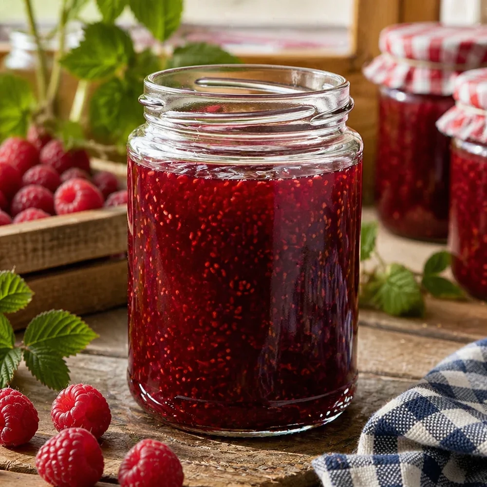 390ml Verre rond sans couvercle (TO70) UNiTWIST UNiTWIST Runda390 Verre rond 390ml TO70 rempli de confiture de framboises sur table en bois avec framboises fraîches