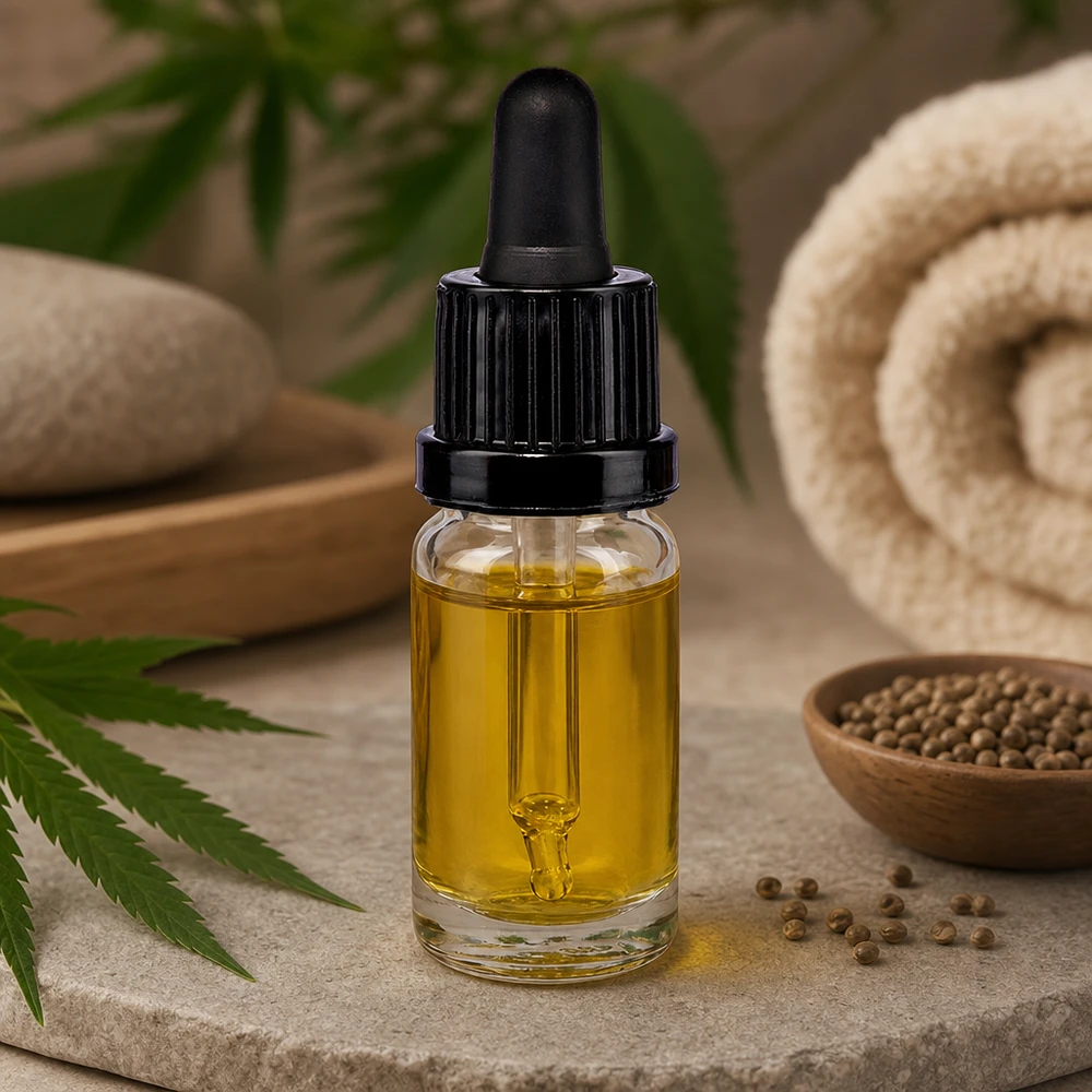 Flacon en verre transparent de 10 ml avec bouchon compte-gouttes noir et feuille de chanvre pour huile de CBD