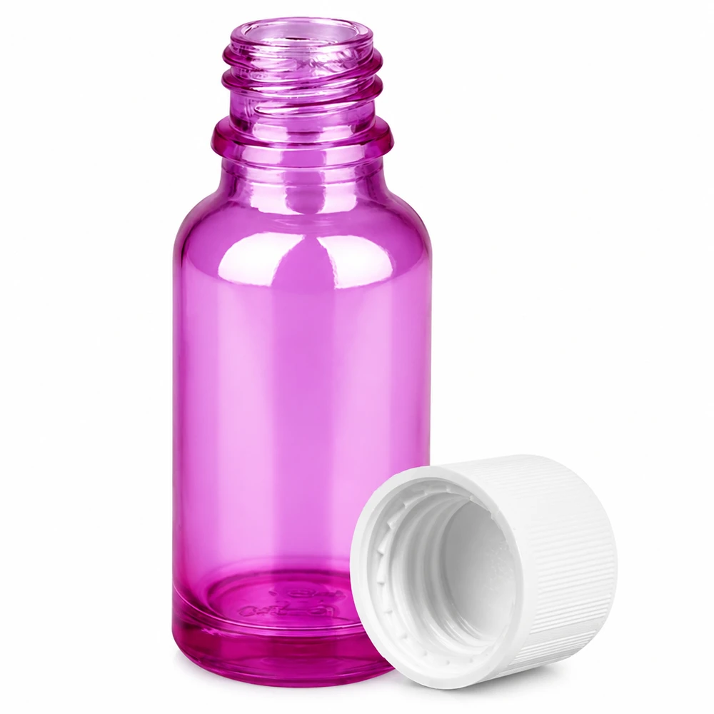 Flacon 20ml bouchon à vis 11mm blanc standard sécurité enfant PurpleLine UT18/20 Flacon en verre teinté violet de 20 ml avec bouchon blanc pour la protection UV des substances actives