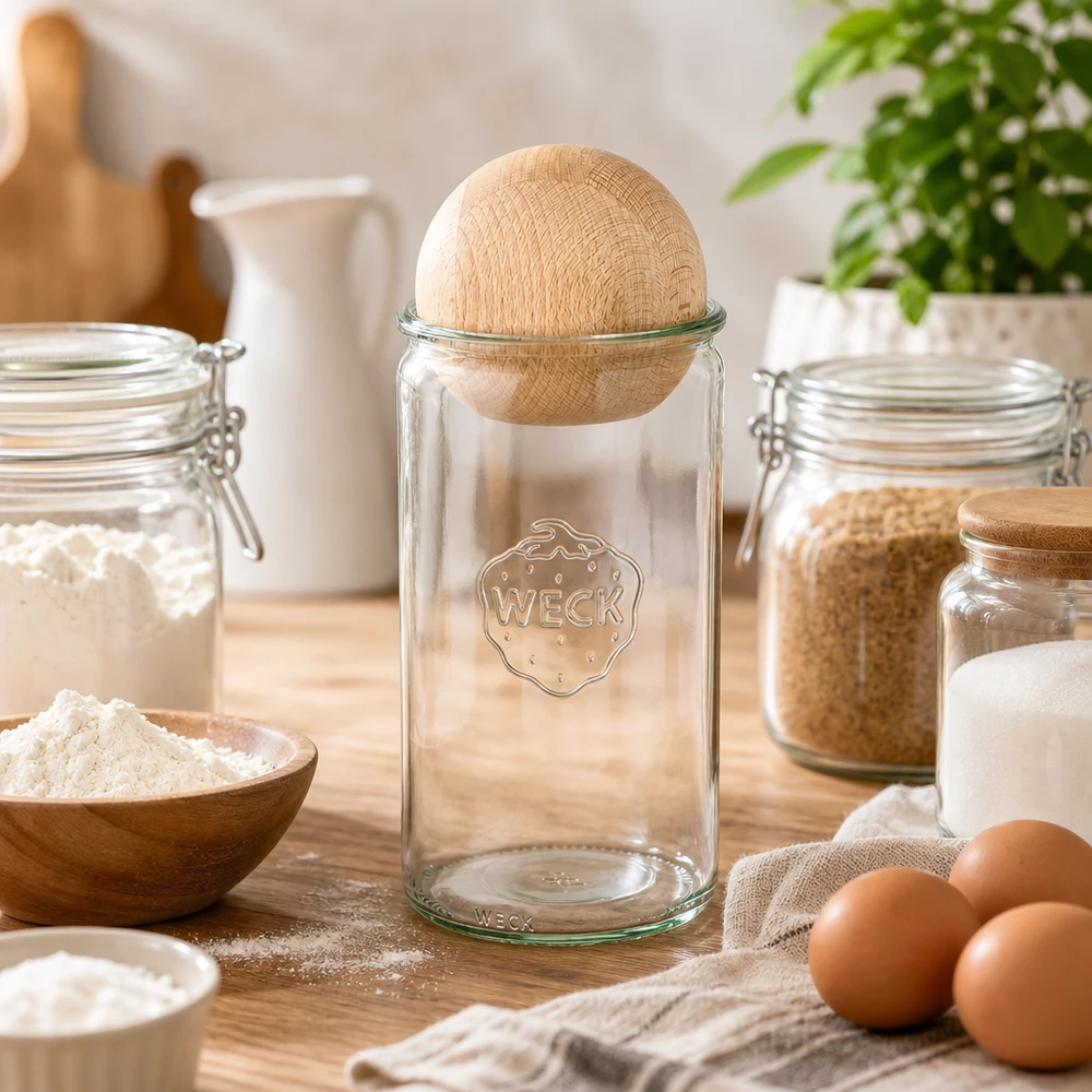 1590ml bocal cylindrique WECK RR100 avec boule en bois en hêtre WECK Pot cylindrique 1590ml RR100 avec boule en bois de hêtre dans la cuisine de la boulangerie avec farine, œufs et ingrédients de cuisson