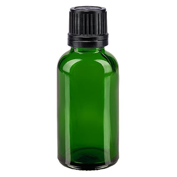 Flacon à pharmacie vert 30ml bouchon à visser noir Verserr. Bouchon d'inviolabilité