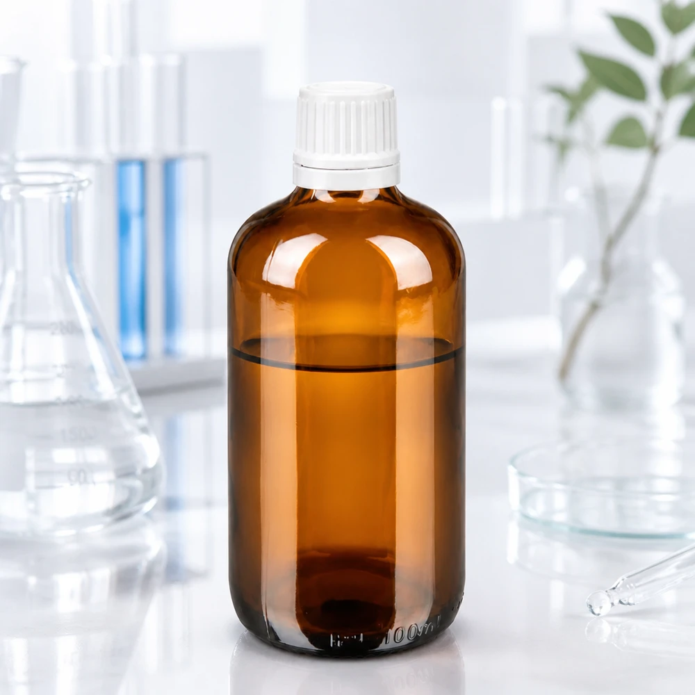 Flacon compte-gouttes pharmaceutique de 100 ml en verre brun de pharmacie, devant du matériel de laboratoire en verre