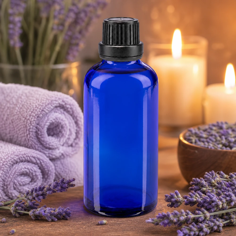Flacon de pharmacie bleu 50ml bouchon vissable noir bouchon inviolabilité Flacon de pharmacie bleu cobalt de 50 ml, à côté de fleurs de lavande et de serviettes de massage