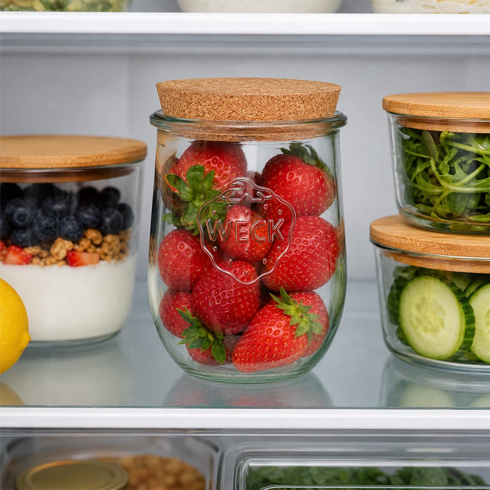 1062ml bocal tulipe WECK RR100 avec bouchon nature WECK Pot tulipe 1062ml RR100 avec couvercle en liège pour conserver les fraises fraîches au réfrigérateur Meal Prep Organisation