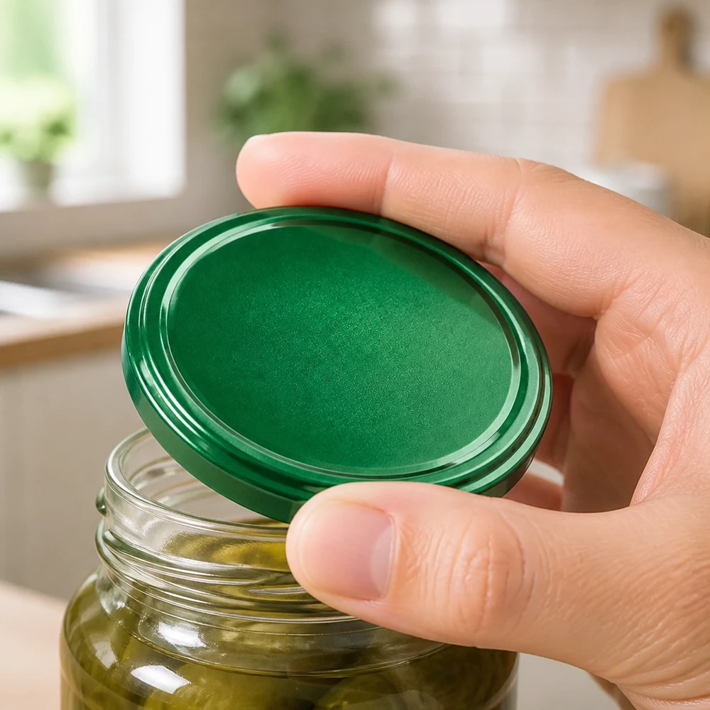 82mm BasicSeal bouchon vert (TO82) UNiTWIST Une main ferme un bocal à cornichons muni d'un couvercle vert TO82 de 82 mm UNiTWIST