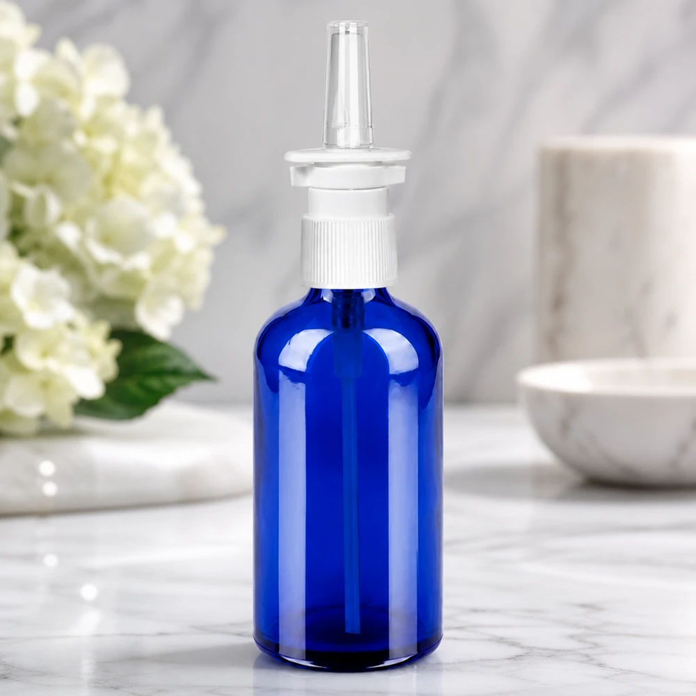 100ml flacon vaporisateur nasal blanc/tr. STD BlueLine UT18/100 Bouteille de spray nasal vide de 100 ml en verre bleu avec embout pulvérisateur blanc à remplir soi-même
