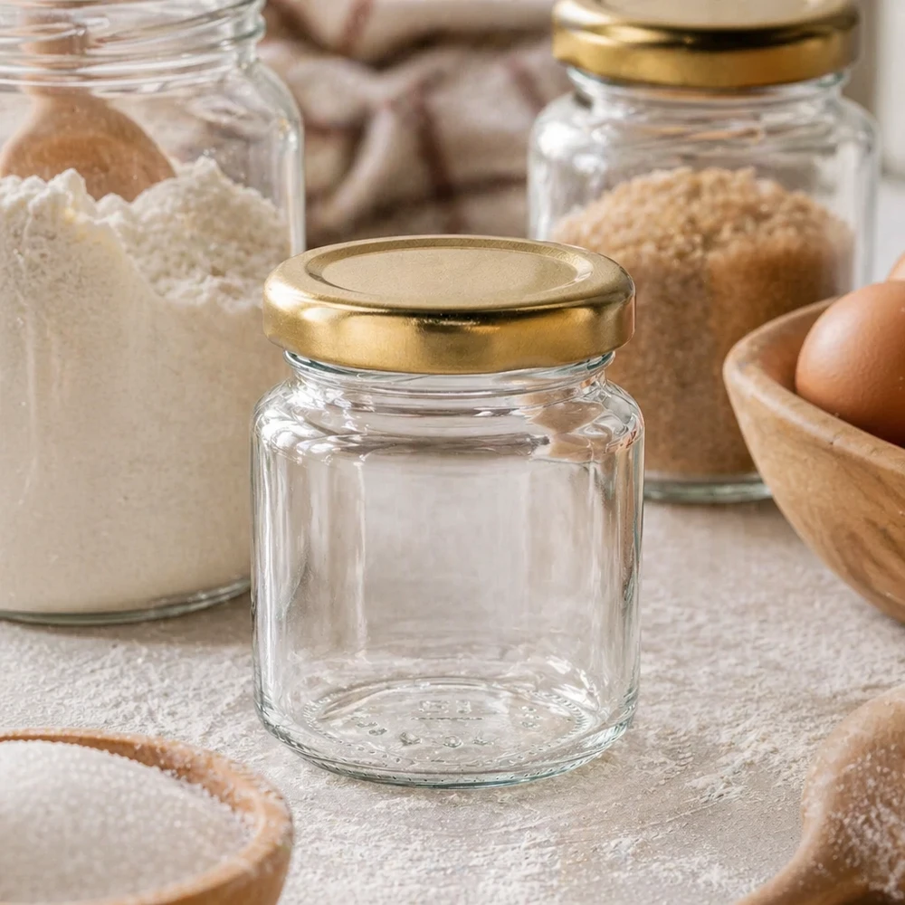 53ml pot rond UNiTWIST avec couvercle doré dans la cuisine à côté de la farine et des ingrédients de pâtisserie comme pot de stockage
