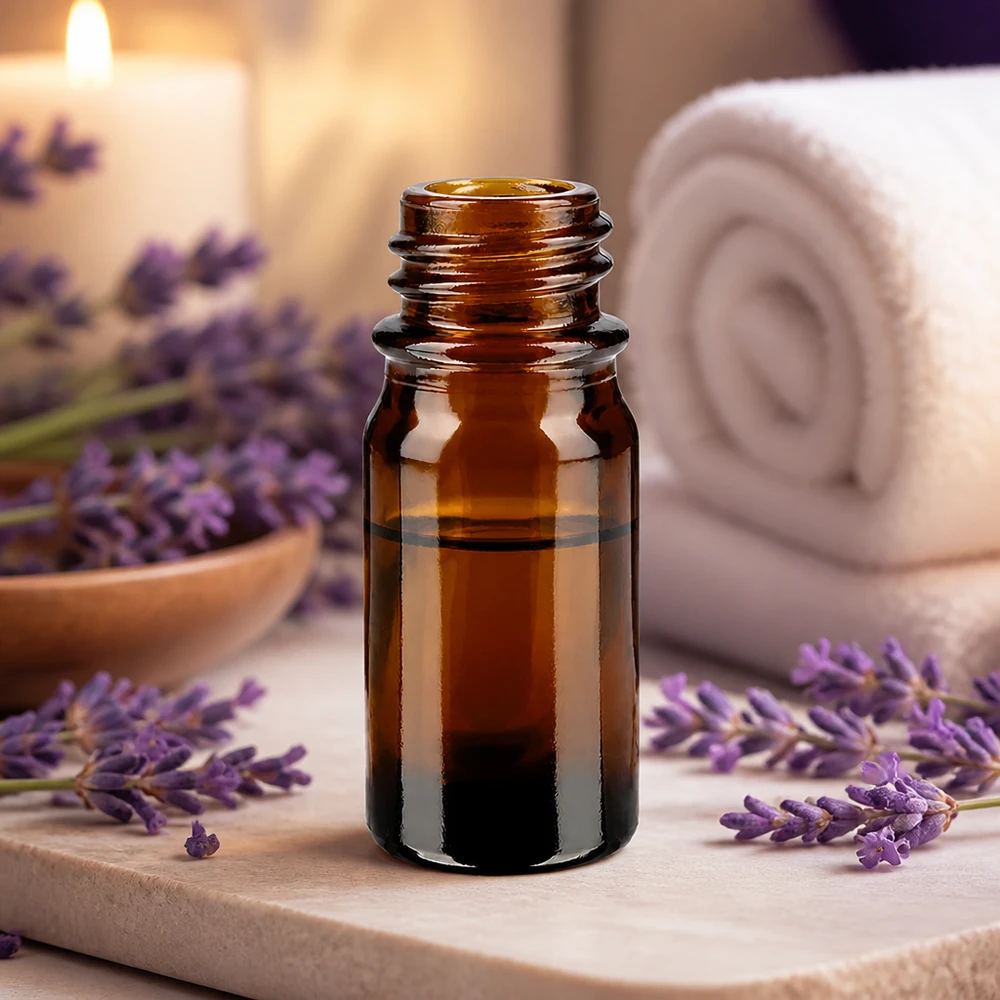 5ml flacon brun de pharmacie ApoGlas avec lavande et spa accessoires pour l'aromathérapie et les huiles essentielles