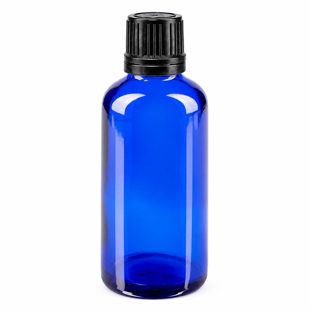 Flacon à pharmacie bleu 50ml bouchon vissable noir bouchon inviolabilité Flacon en verre bleu de 50 ml avec bouchon OV noir, en verre de pharmacie haut de gamme de qualité GR