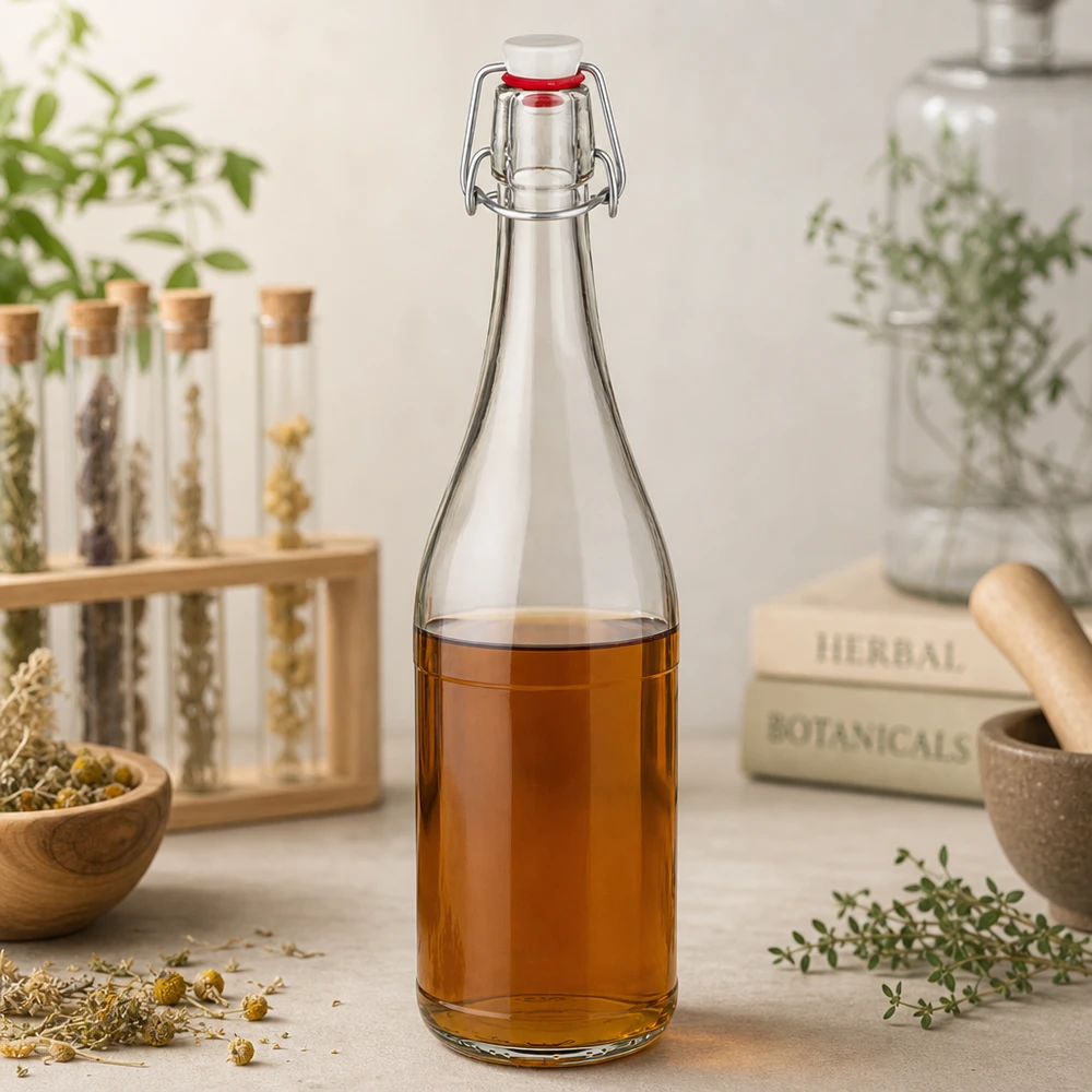 Bouteille en verre de 750 ml + bouchon mécanique en PVC UNiTWIST 750ml Bouteille en verre avec bouchon à étrier remplie de tisane Herbes médicinales Botanique Nature morte Ingrédients naturels