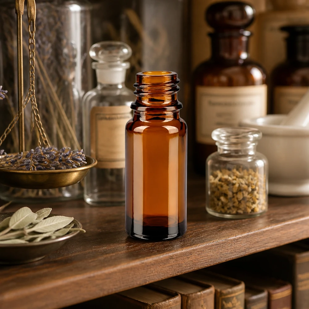 Bouteille de pharmacie brune de 10ml ApoGlas avec balance de pharmacie vintage et herbes médicinales sur étagère en bois