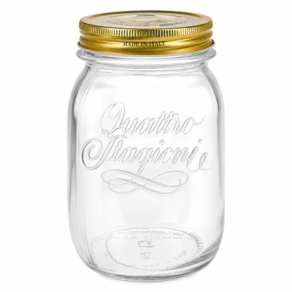 Verre rond 500ml « Quattro Stagioni » avec couvercle Bocal rond Quattro Stagioni de 500 ml avec couvercle doré à visser Made in Italy Bocal à conserves transparent