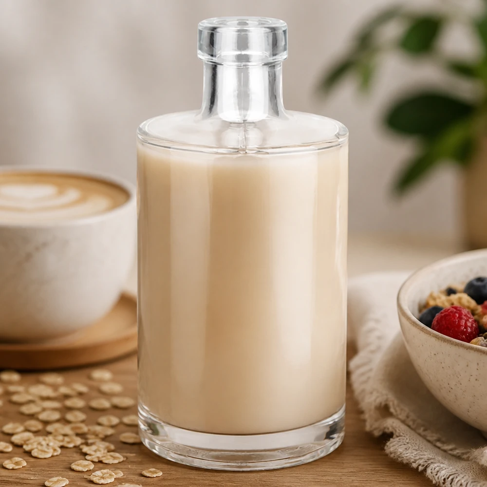 Bouteille en verre 350 ml « Marie » sans bouchon UNiTWIST® Bouteille en verre Marie de 350 ml remplie de lait d'avoine crémeux à côté d'une tasse à café et d'un bol à céréales Lifestyle Image 3 sur 10
