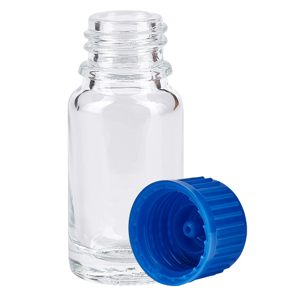 Flacon de 10ml 11mm SV bleu STD ClearLine UT18/10 Flacon en verre ClearLine de 10 ml, modèle UT18/10, avec bouchon compte-gouttes bleu, filetage de 11 mm, ouvert