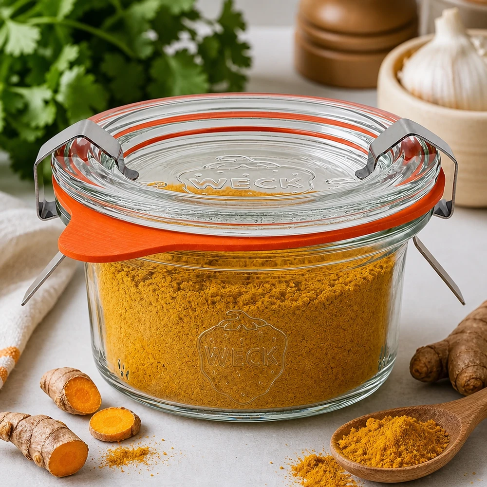 WECK Pot renversé de 50 ml RR60 rempli de poudre de curcuma entouré de racines de curcuma fraîches et d'épices sur la table de cuisine