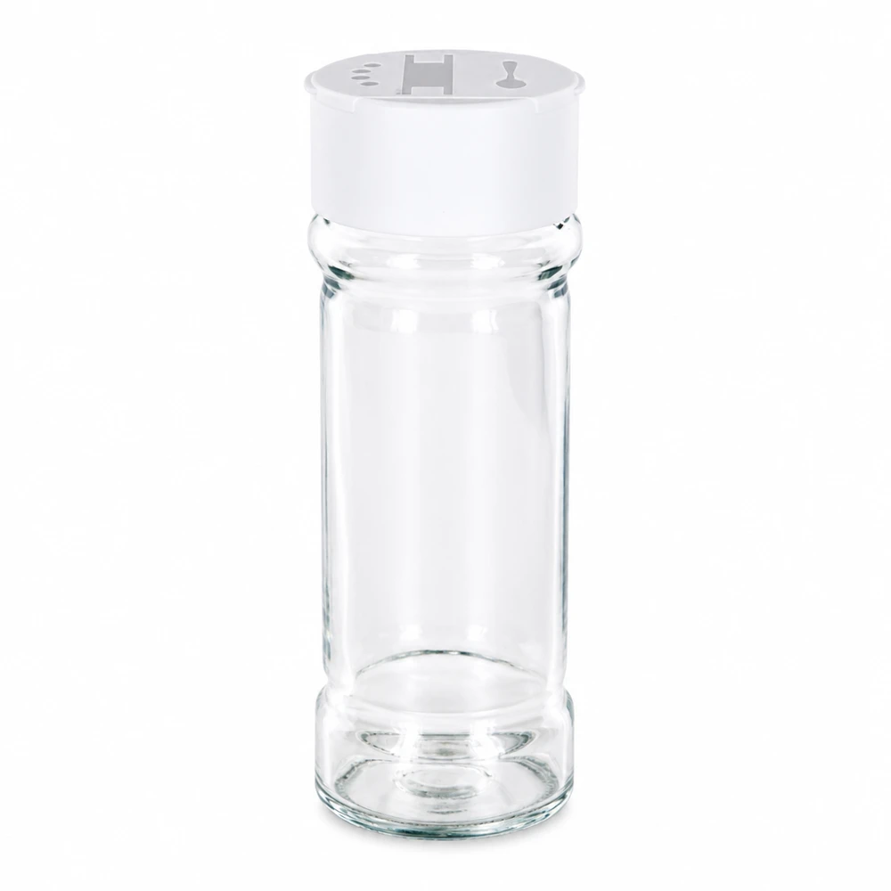 Pot à sel/épices 100 ml avec double saupoudreuse, blanc Pot à épices vide de 100 ml en verre transparent avec couvercle blanc à double saupoudreuse