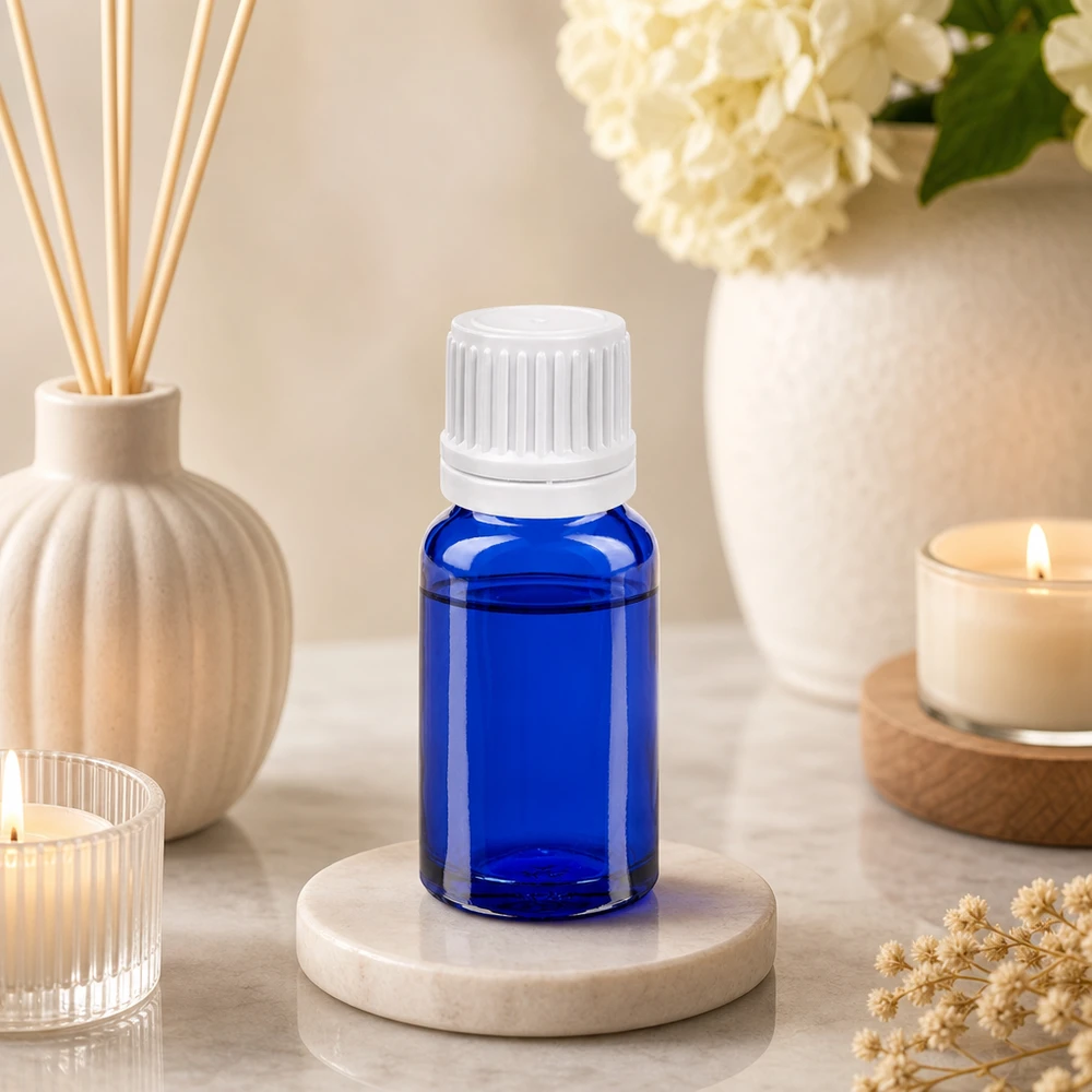 Flacon compte-goutte 10ml 0.7mm blanc OV BlueLine UT18/10 Bouteille en verre bleu de 10 ml de qualité laboratoire avec bouchon blanc pour le remplissage de liquides stériles