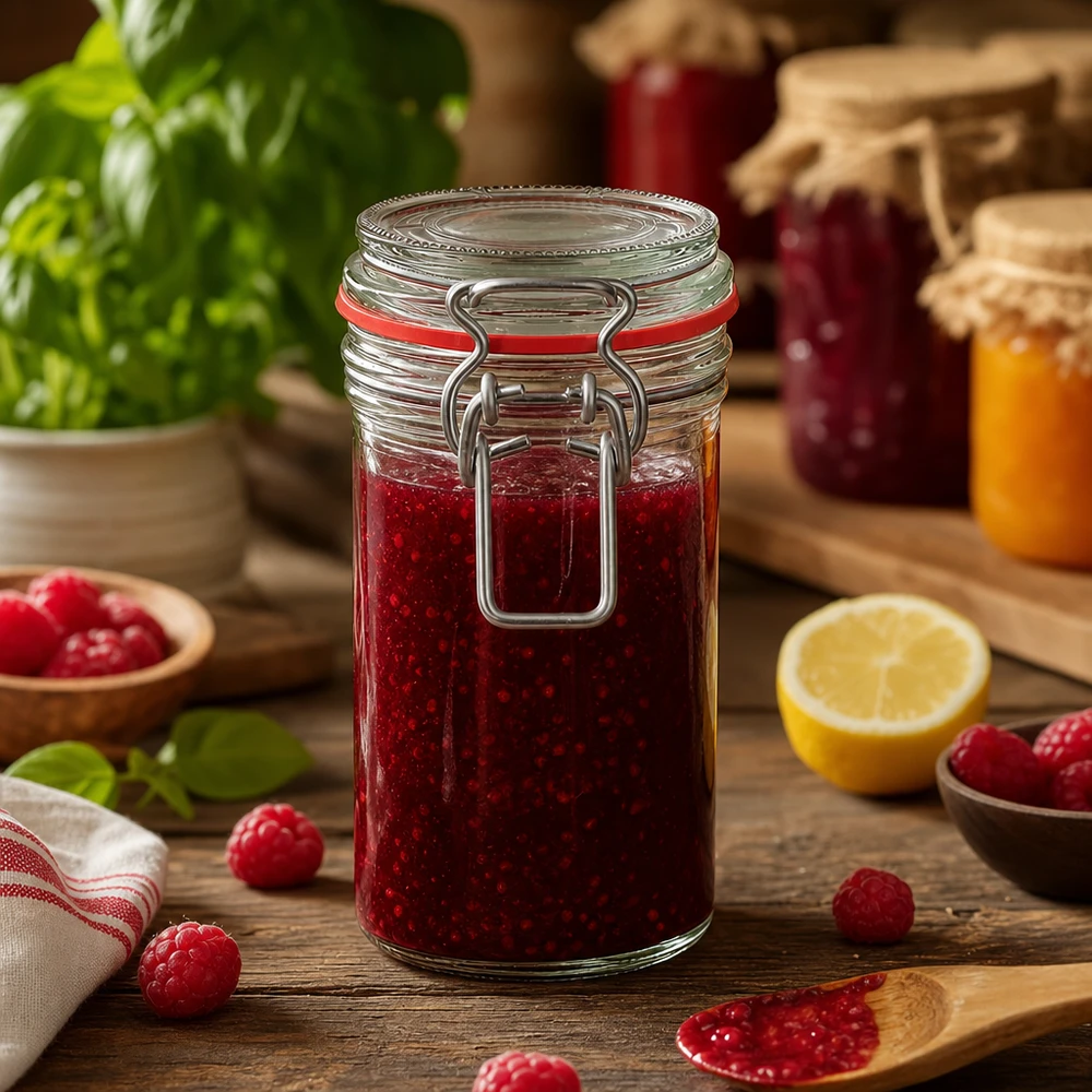 Pot à provisions de 272 ml avec fermeture à étrier rempli de confiture rouge sur table en bois avec framboises fraîches et citron