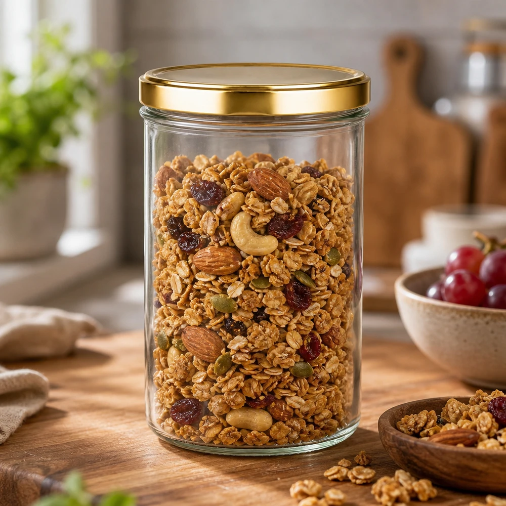 Verre renversé de 277 ml avec couvercle doré UNiTWIST rempli de céréales, de noix et de fruits secs pour la cuisine.