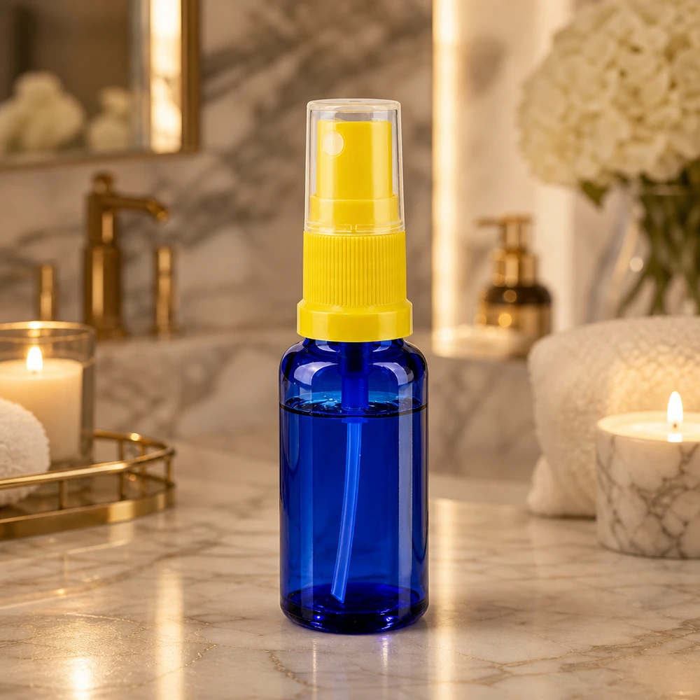 Flacon pulvérisateur compact bleu de pharmacie, 20 ml, avec verre anti-UV et bouchon transparent