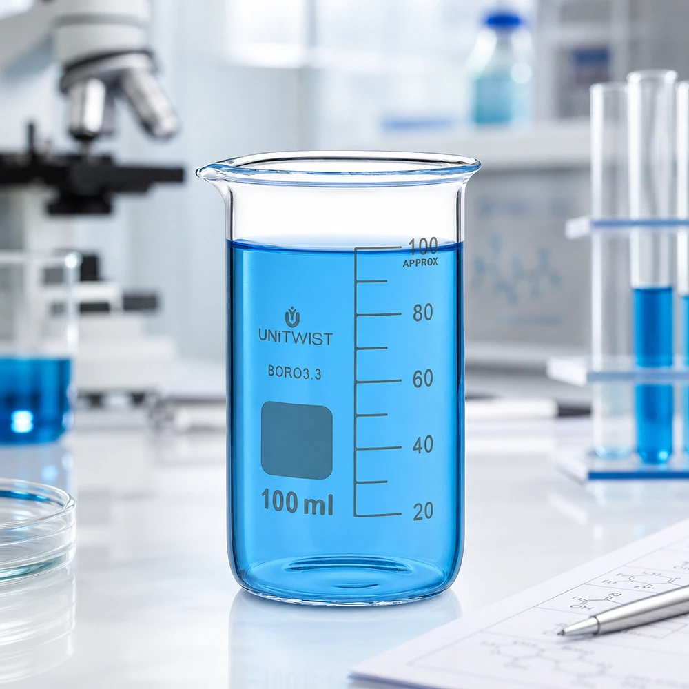 Verre doseur UNITWIST de 100 ml en borosilicate, de forme haute, avec bec verseur, destiné aux applications scientifiques