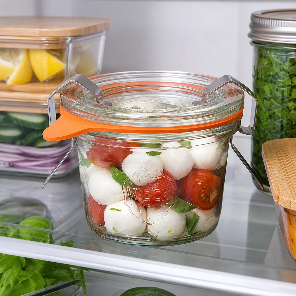 WECK Pot renversé 35ml RR40 dans le réfrigérateur rempli de salade Caprese montre une conservation pratique des aliments frais