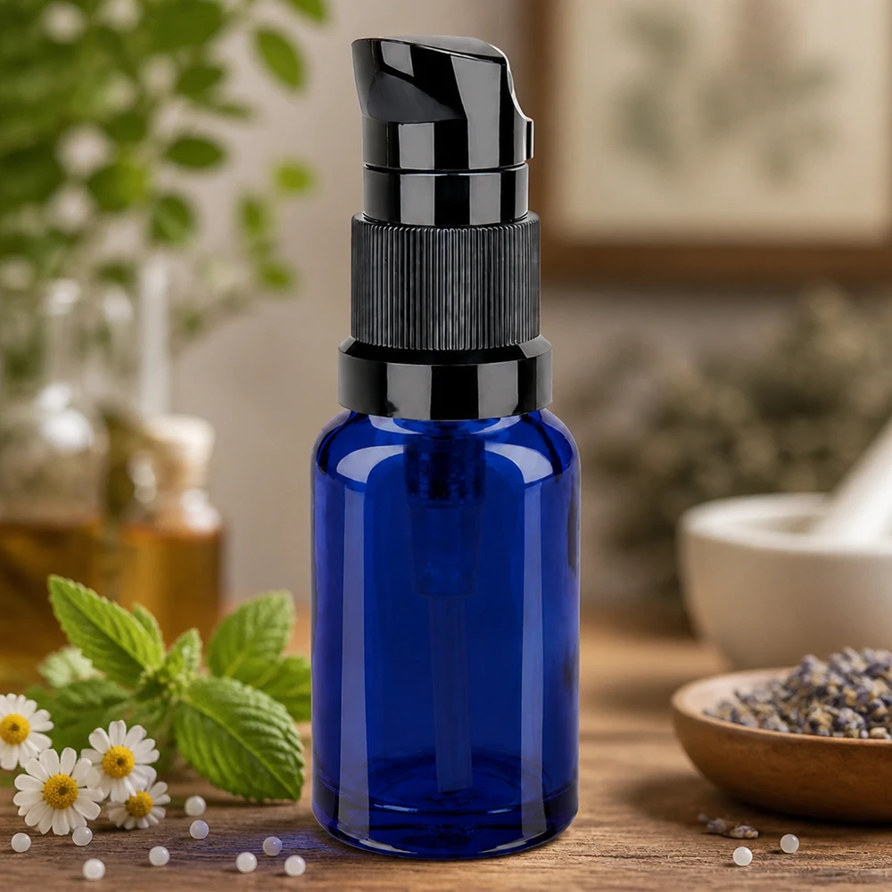 10ml flacon pompe noir STD BlueLine UT18/10 Flacon-pompe pratique de 10 ml BlueLine UT18/10 avec distributeur hygiénique pour les soins quotidiens de la peau