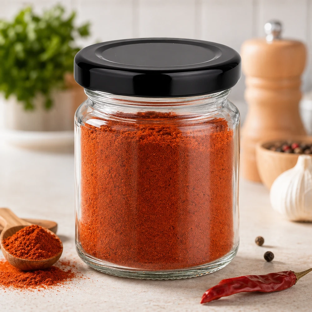 Pot rond de 53ml avec couvercle noir rempli de paprika rouge en poudre dans la cuisine moderne Conservation des épices