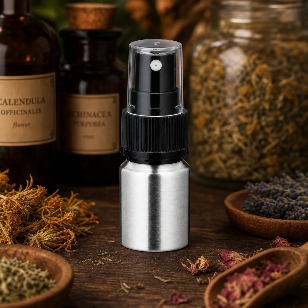 Bouteille en aluminium poncé 10 ml, avec vaporisateur à pompe noir Bouteille en aluminium poli de 10ml argentée avec vaporisateur - design élégant pour des essences de haute qualité
