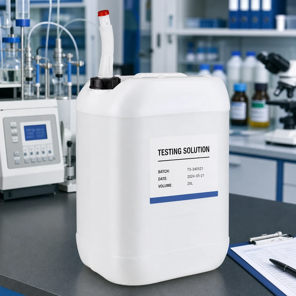 Bidon de produits chimiques étiqueté de 20 L avec goulotte de remplissage flexible dans un laboratoire professionnel