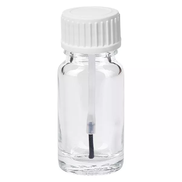 Flacon en verre transparent de 10 ml avec bouchon à vis blanc et pinceau intégré ClearLine