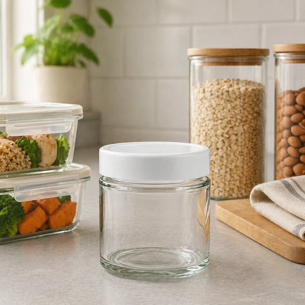 135ml Verre rond avec couvercle BasicSeal blanc UNiTWIST 135ml verre rond BasicSeal couvercle blanc dans cuisine environnement Meal Prep Container boîtes à provisions organisation de la cuisine