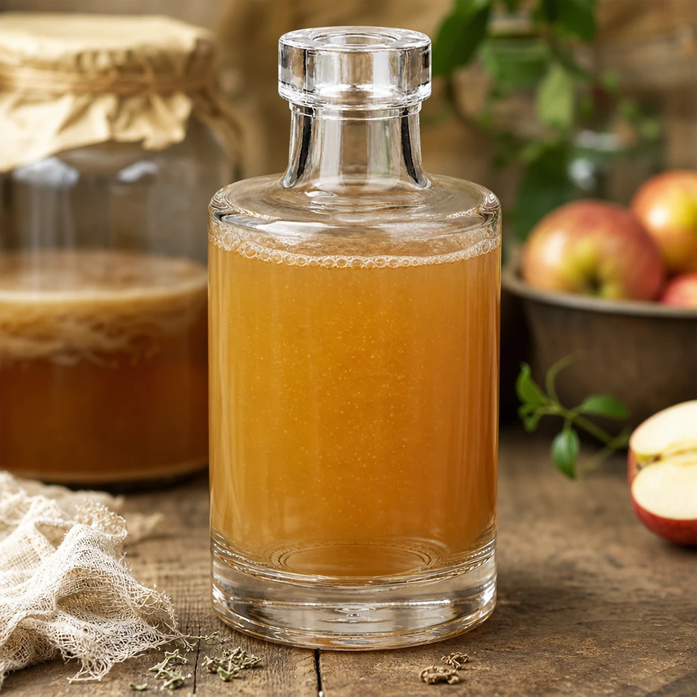 Bouteille en verre 100 ml « Marie » sans bouchon UNiTWIST® Bouteille en verre Marie de 100 ml remplie de jus de pomme à côté de pommes fraîches et d'un panier en bois rustique dans une scène de cuisine naturelle