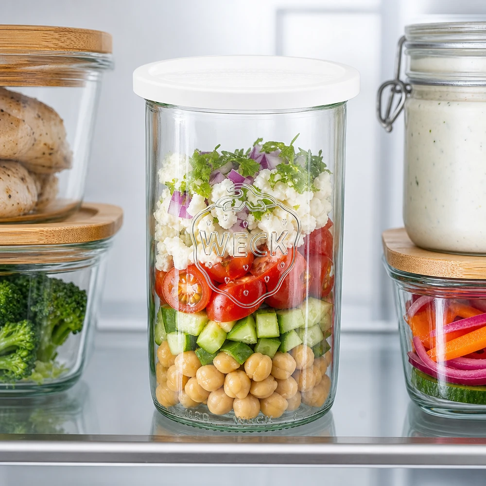 1000ml bocal conique avec couvercle fraîcheur WECK RR100 WECK Pot renversé 1000ml RR100 avec salade stratifiée de pois chiches, concombres et tomates montre la fonction Meal Prep dans le réfrigérateur