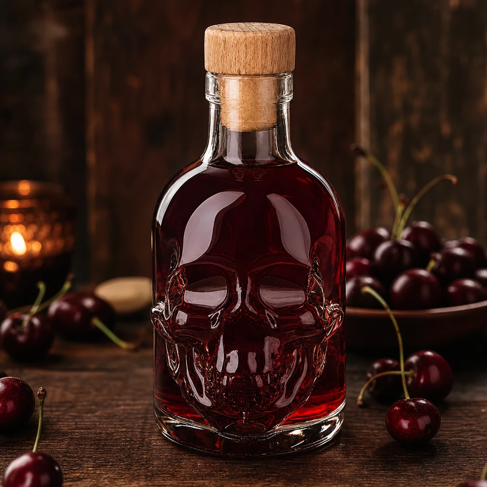 Bouteille en verre Jack à tête de mort de 200 ml avec liquide rouge à la cerise et bouchon en bois, entourée de cerises fraîches